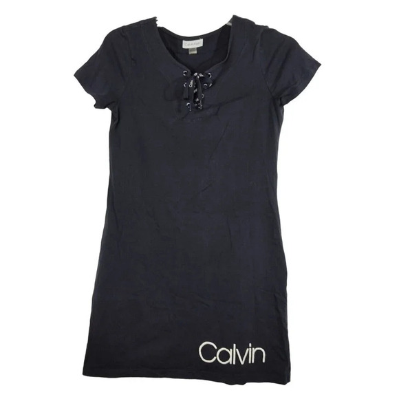 Calvin Klein Blue Aline Tshirt Dress Lace Up Women Size M Short Sleeve Casual - Picture 1 of 6